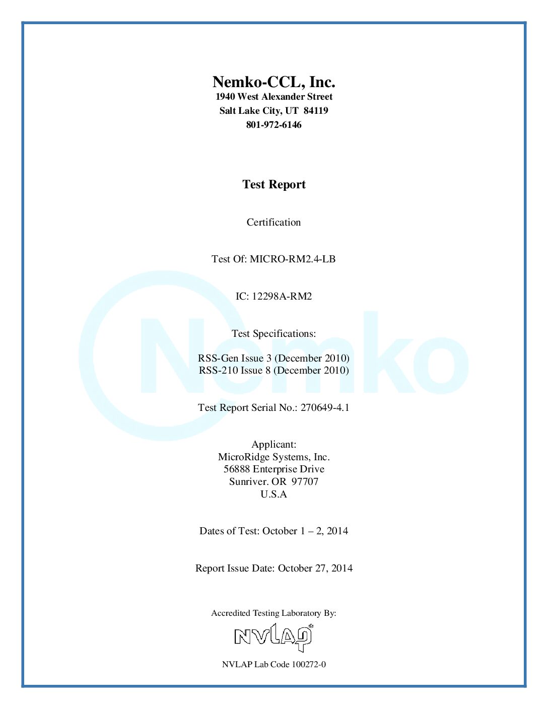Test Report for IC 12298A-RM2, RSS-Gen Issue 3 & RSS-210 Issue 8