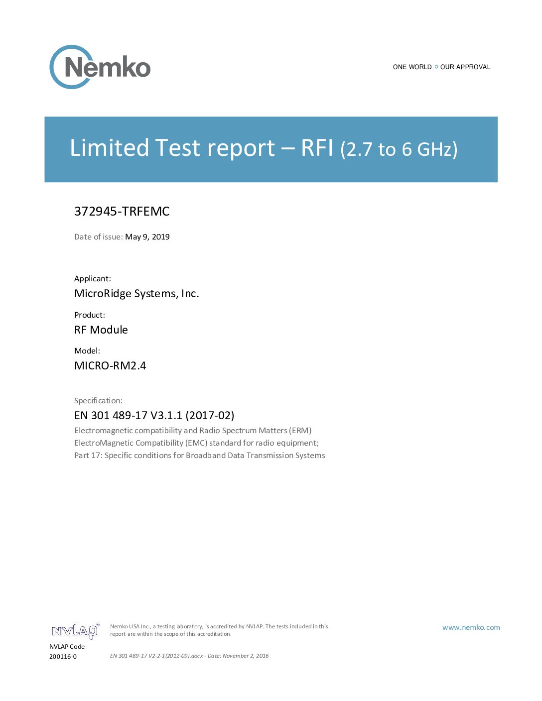 Test Report for EN 301 489-17 V3.1.1 (2017-02)