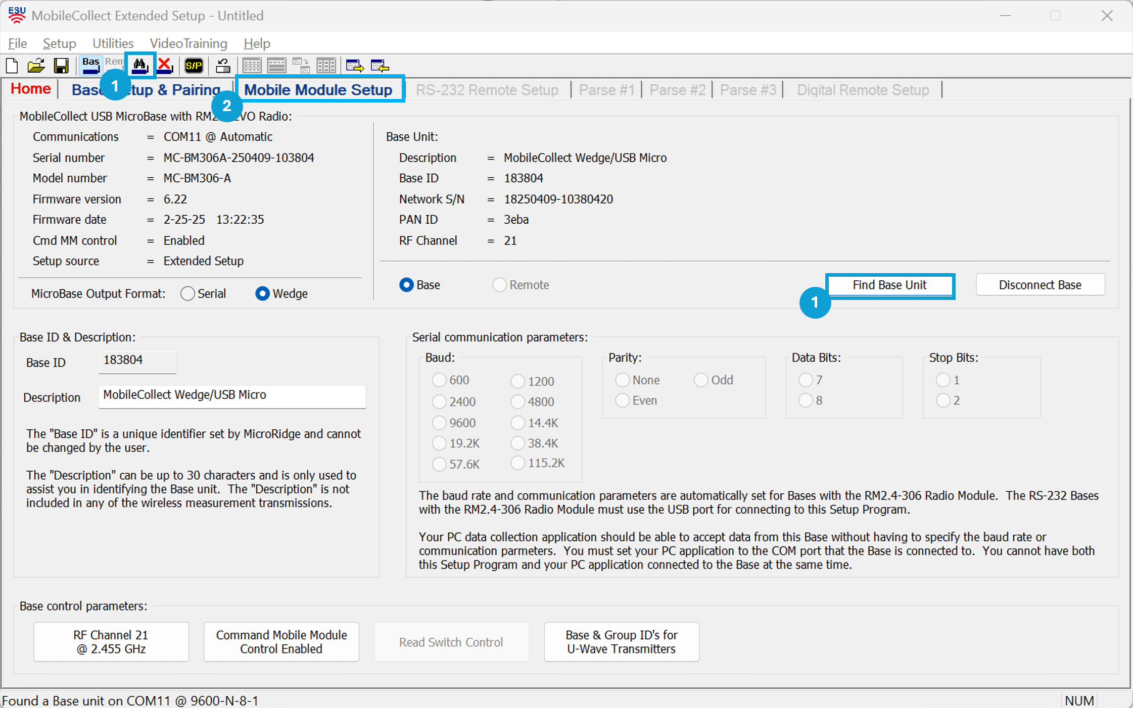 Find Base Unit and Select Mobile Module Setup Tab