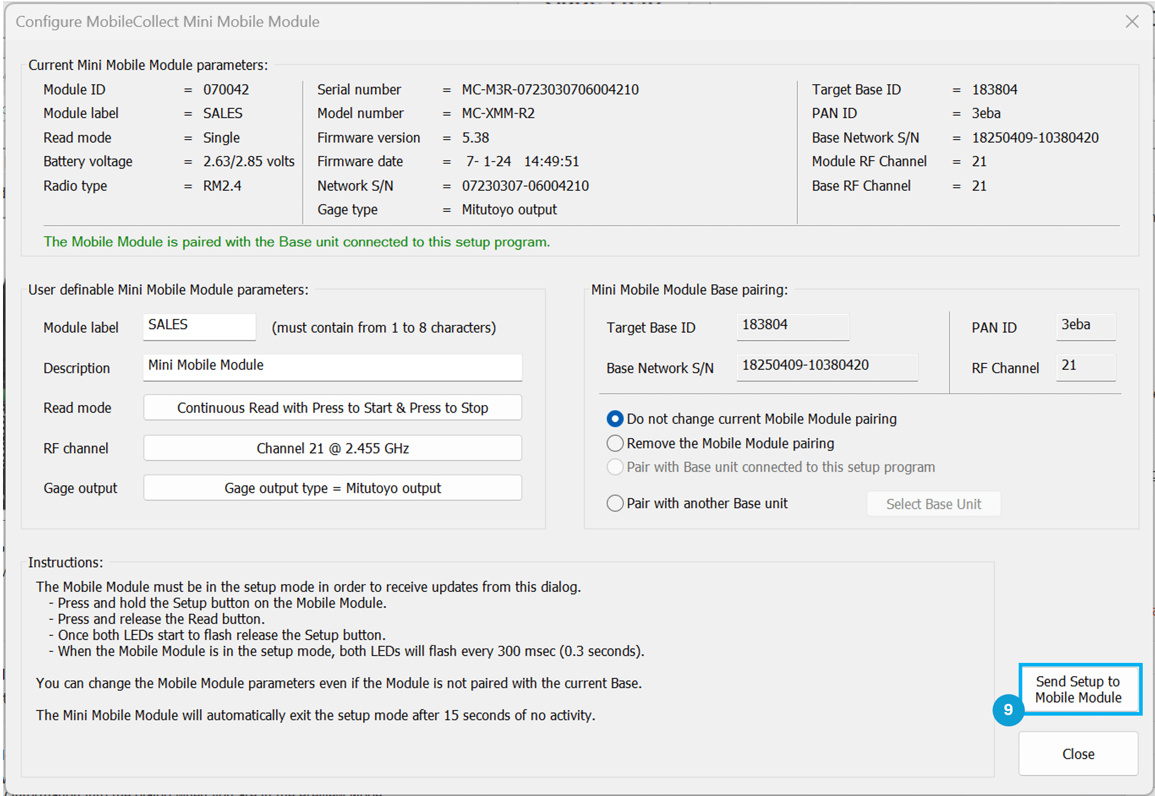 Extended Setup - Send Setup to Mobile Module