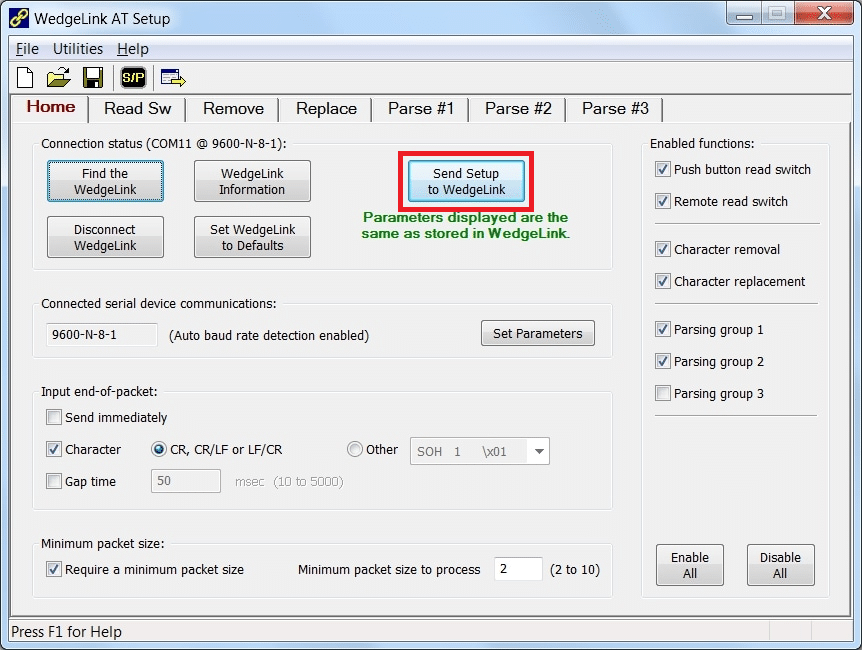 Send Setup to WedgeLink