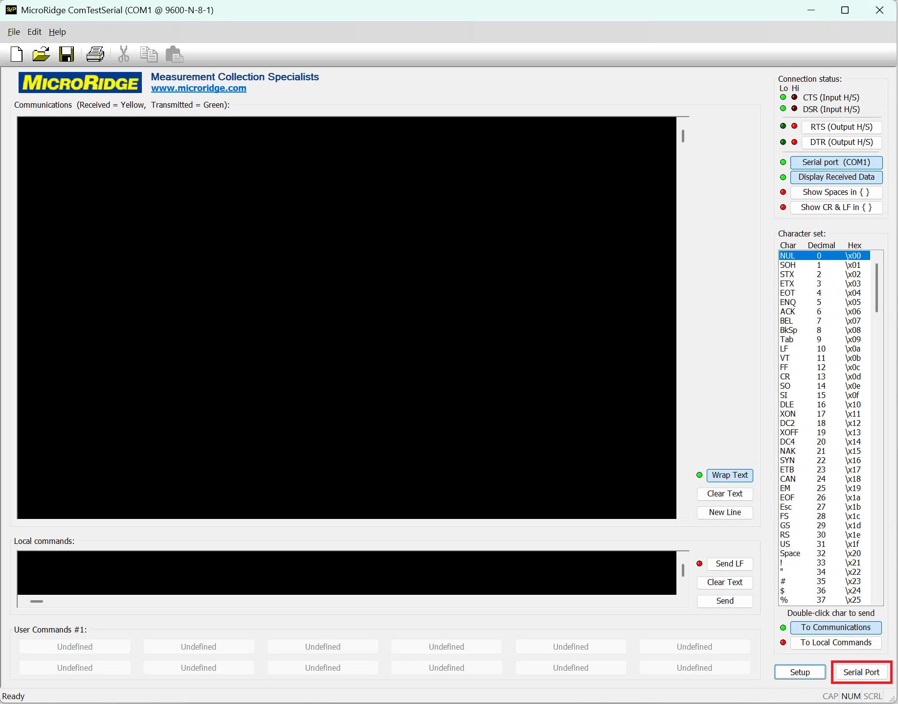 ComTestSerial Home Page and Serial Port Selection