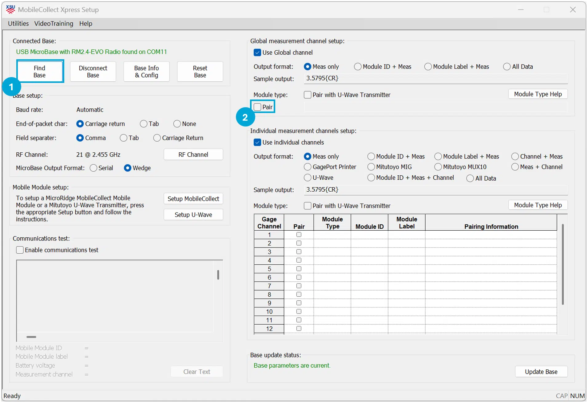 Find Base and Global Channel Pairing Selections.