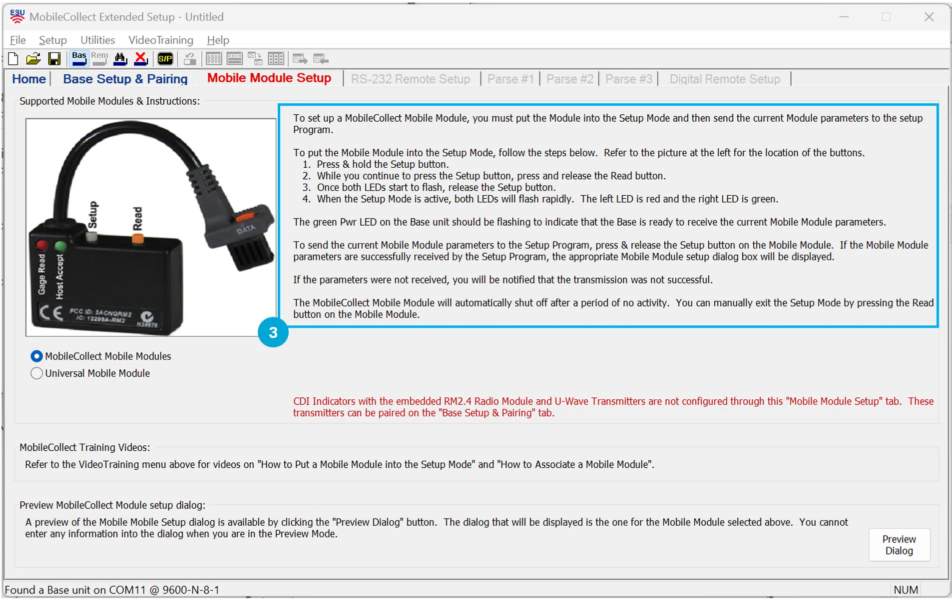 Put RS-232 V2 Mobile Module into Setup Mode
