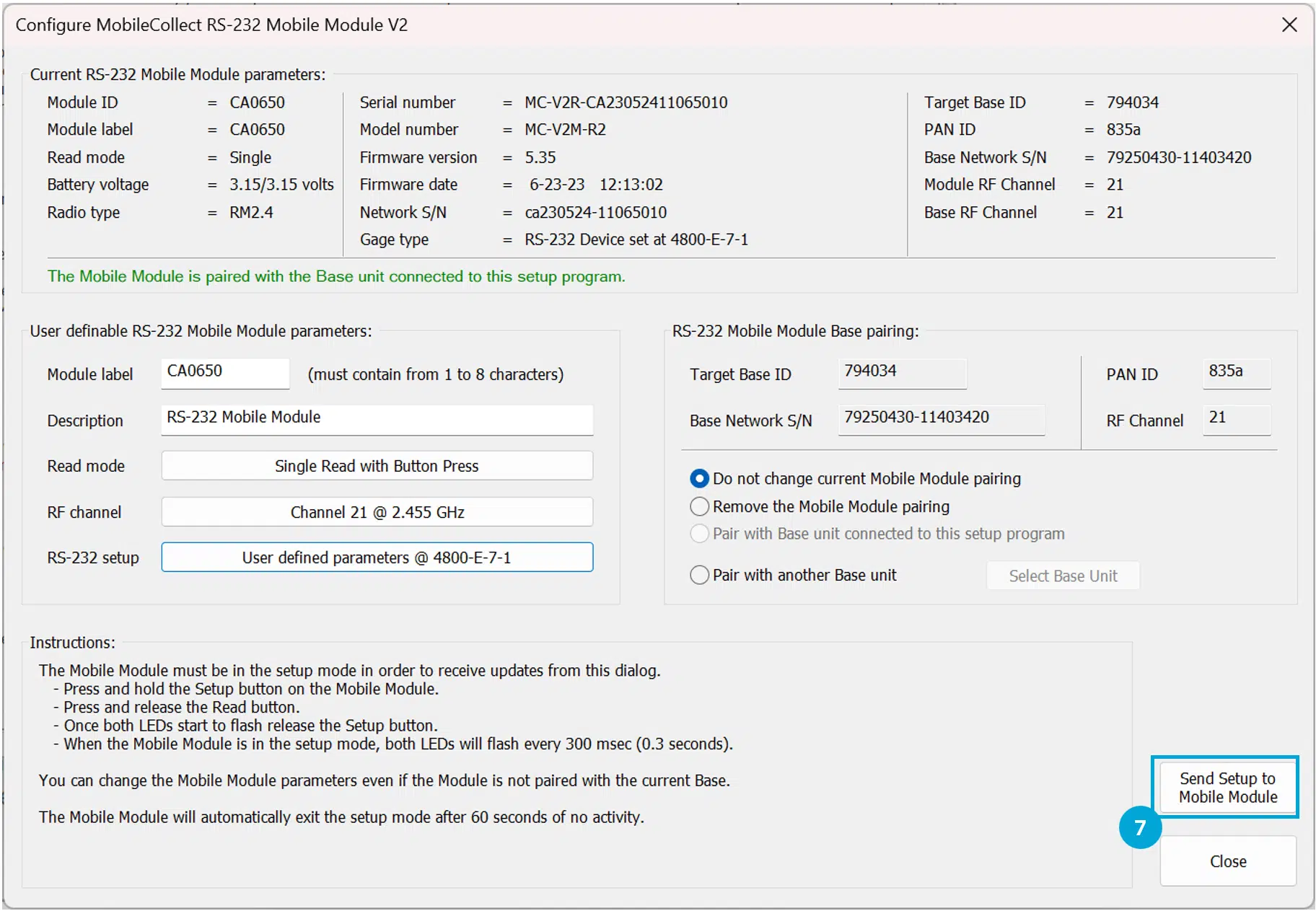 RS-232 Send Setup to Mobile Module