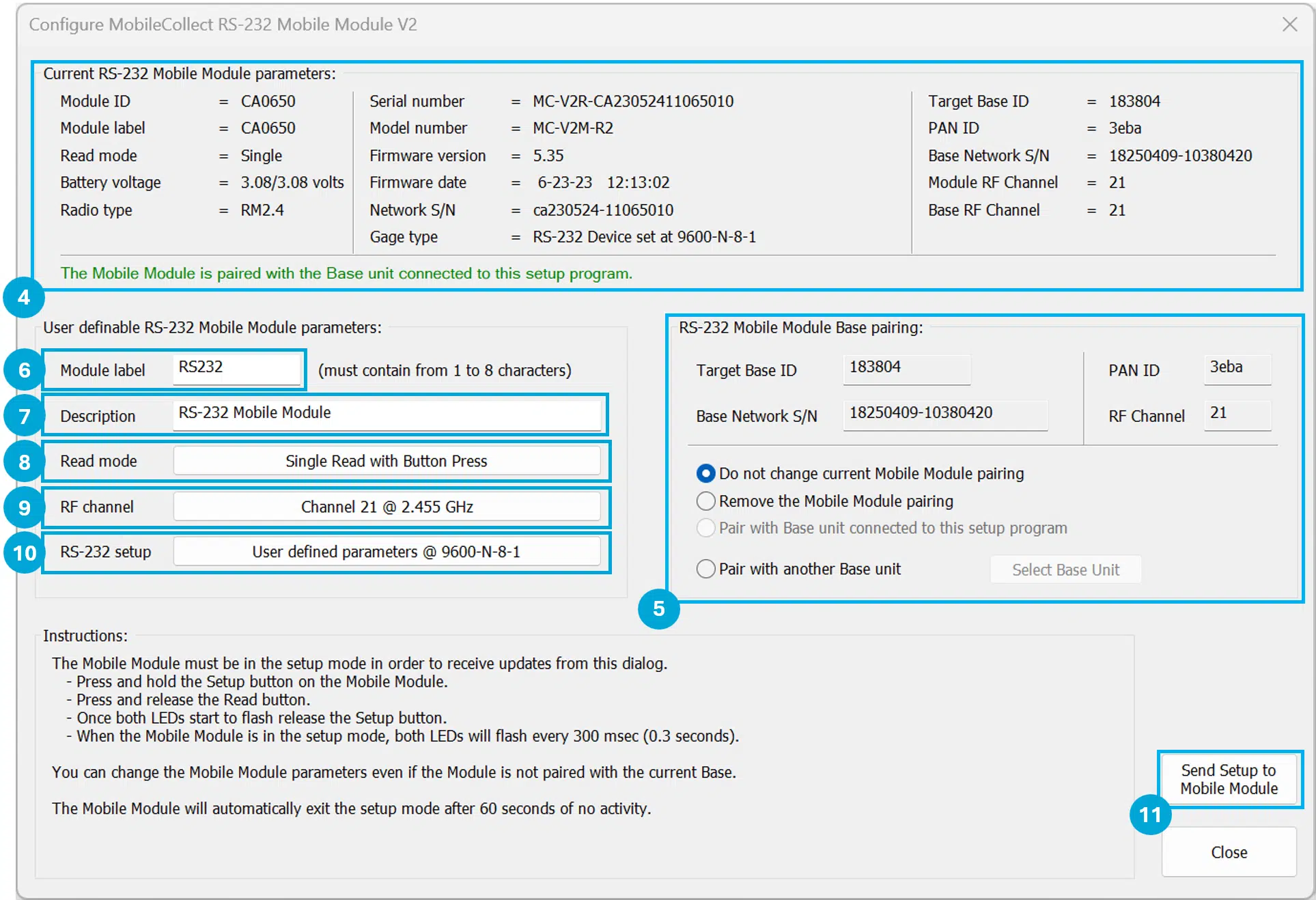 RS-232 V2 Mobile Module Parameters and Setup Window