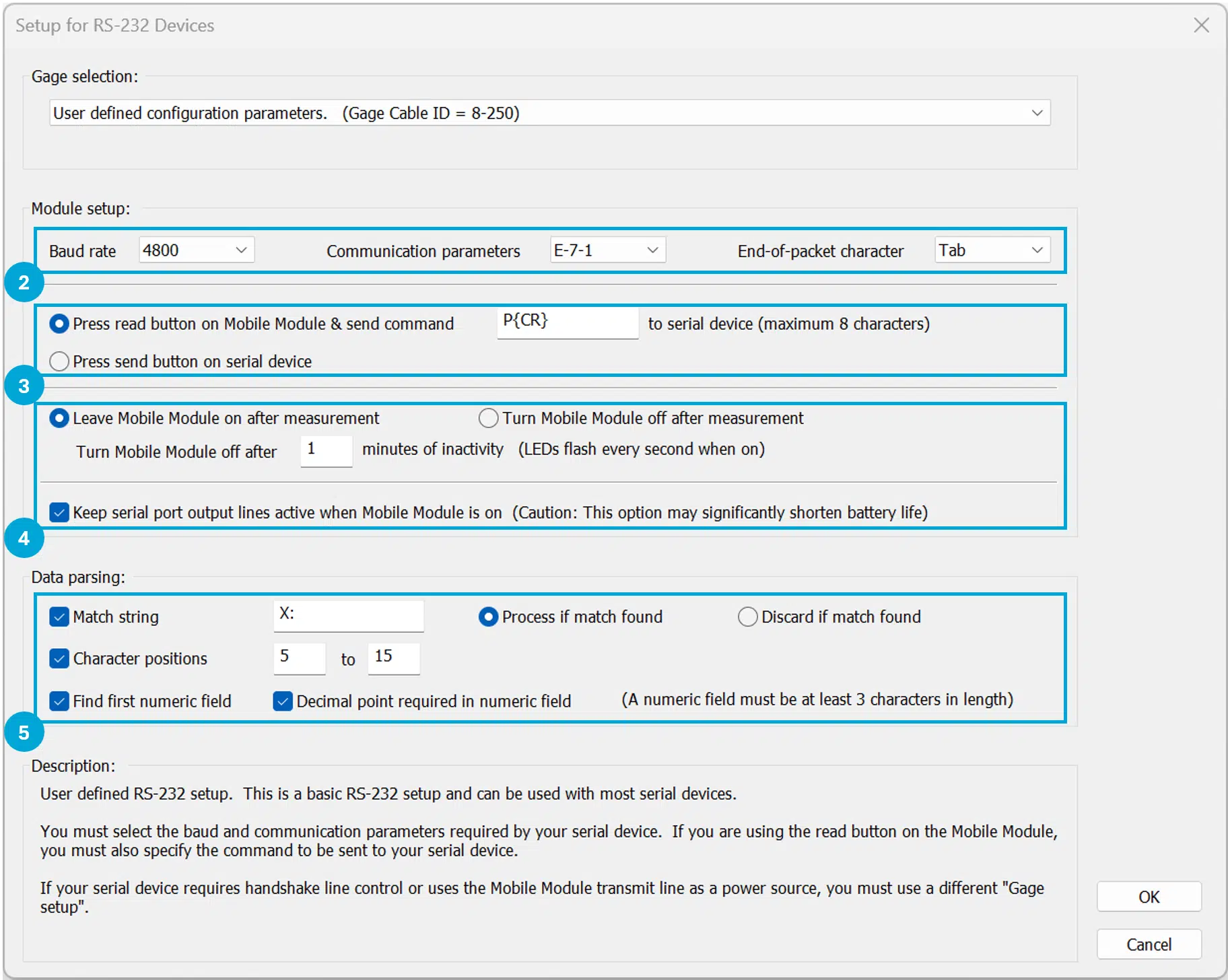 RS-232 Custom Configuration Parameters
